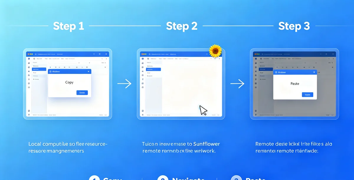 Three-step copy paste file transfer process between local and remote via shared clipboard Copy paste file transfer via shared clipboard